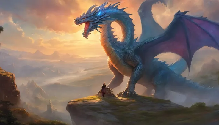 Theres a woman dressed in revealing armor standing with a giant dragon behind her, dragon in the background, ultra detailed, photorealistic, masterpiece.