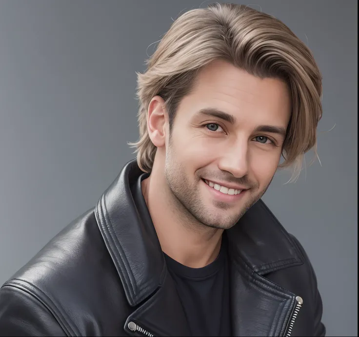 portrait photo of a 35-year-old European handsome guy, dark blonde color hair, grey eyes, smooth glowing skin,  portrait little lower neck, the head is slightly tilted forward, looking directly to my eyes, beaming smile, black leather jacket, illuminated b...