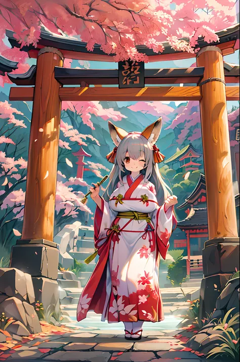 Fox Woman、body covered with fur、huge-breasted、kawaii、shrine maiden、Japan white clothes,Red Hakama、torii gate,((Oblique angle))、one eye closed、winking、A big smile、bbw、thick thight、big butts、Ultramammy,Chibi,Nanachi, autumn day,kaede、 Pines, Anime Background...