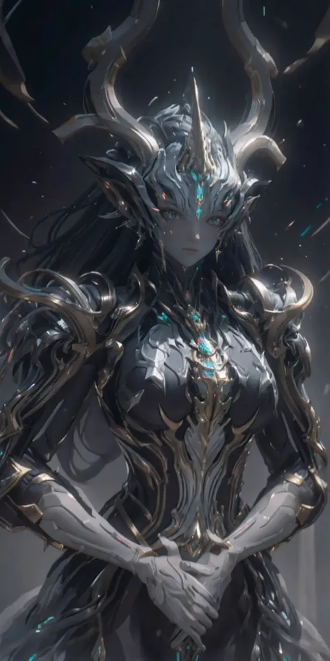 1 girl, no face, mysterious, helmet, unicorn horn, glowing eyes,  extreme detail expression, glossy metal, dynamic angle, detail...