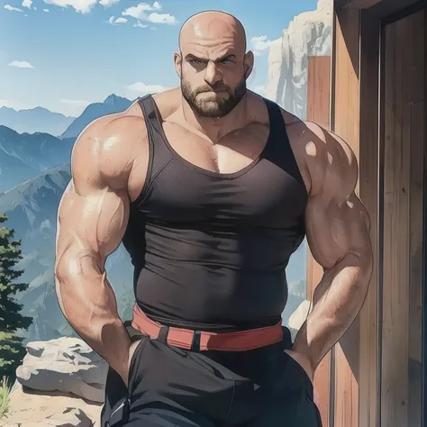 brock is a mountain of muscle;, with protruding biceps and a chiseled physique. he's got a shaved head, uma barba grossa, and a ...