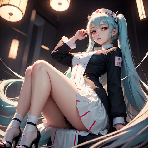 年轻　Japan Anime Style　White nurse uniform　Black cardigan　1 girl in　long  skirt　high-heels　Beautiful fece　miku hatsune　cute little　deadpan　Shooting from below