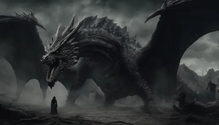 Theres a woman dressed in revealing armor standing with a giant dragon behind her, dragon in the background, ultra detailed, photorealistic, masterpiece.