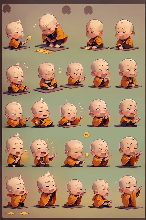 Cute little monk、(((Bald head strengthening))),Monks robe,emoj、Disney style、Black strokes、differentemotions、Multiple locations and emojis、8K,Vector graphics