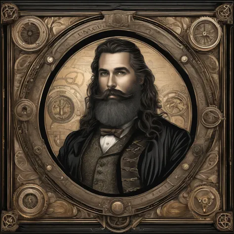 A Man with long hair and full beard wearing a black costume with cinematic dark background,concept art, highly detailed, sharp