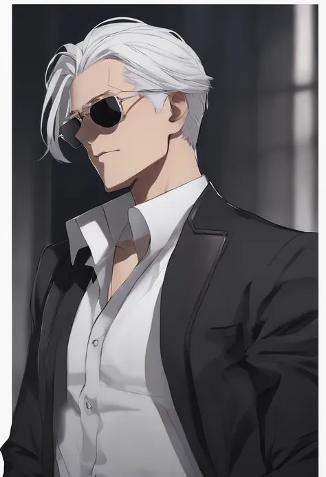 decimal (Death Parade), 1 man, 35yo,(Black bristles), Man wearing glasses, close-up face, Profile picture,Formal and restrained attire, black black jacket,White shirt, Professional look,White gray hair, Silver color, Tired look,