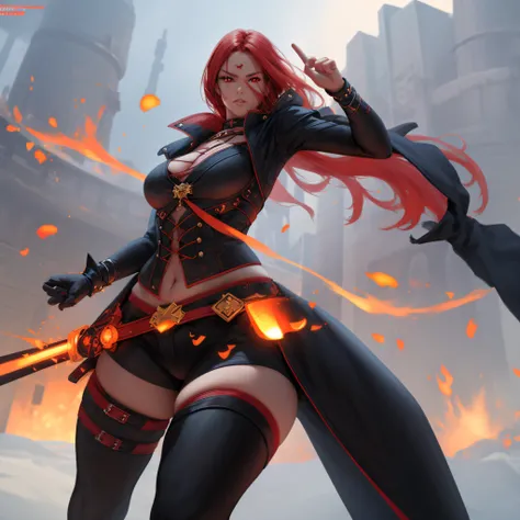 solo girl, wearing black and red leggins, big ass, big legs, thick thighs, small waist, big hips, female, red hair, long hair, loose hair, yellow eyes, wearing black coat, use a katana, magical warrior, confident, (masterpiece:1.2, best quality), beautiful...