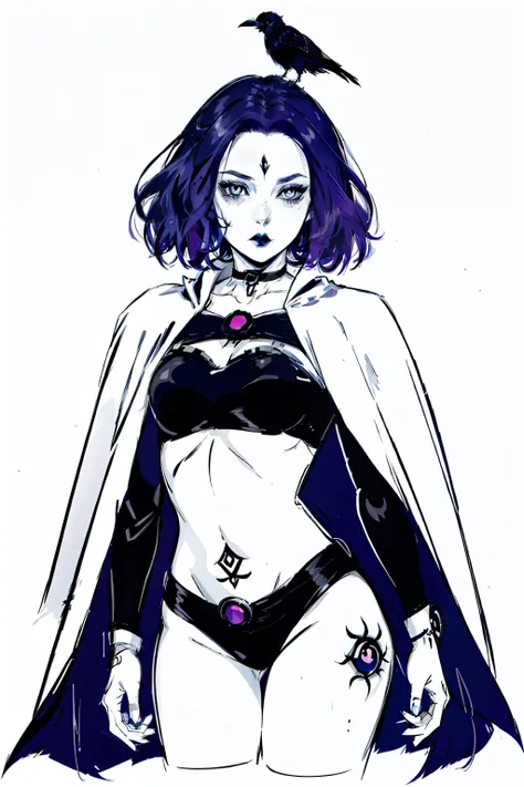 outline sketch manga drawing, (manga drawing of 1girl raven with tattoos), solo 1Girl as rvn, hotraven, Raven, heavy makeup , cape, choker, black lipstick, Fine Eyes, double eyelids, manga style, greyscale, monochrome, blank background, simple background, ...