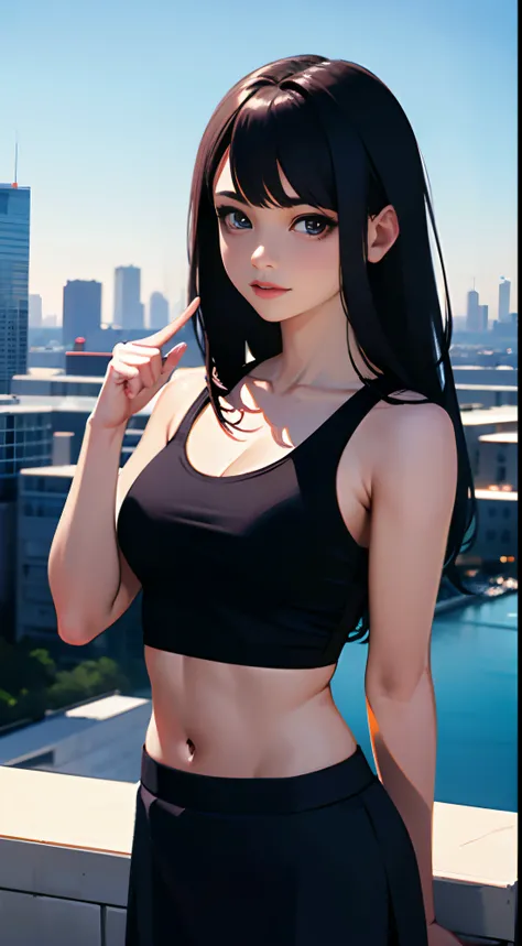 medium shot, 1girl, (one hand pointing with index finger to the camera), crop top, skirt, city skyline in the background, realistic, photo, masterpiece