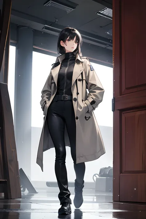 Girl on closed  oversized trenchcoat, walking, hands in pockets, whole body, bodysuit under trenchcoat, slender