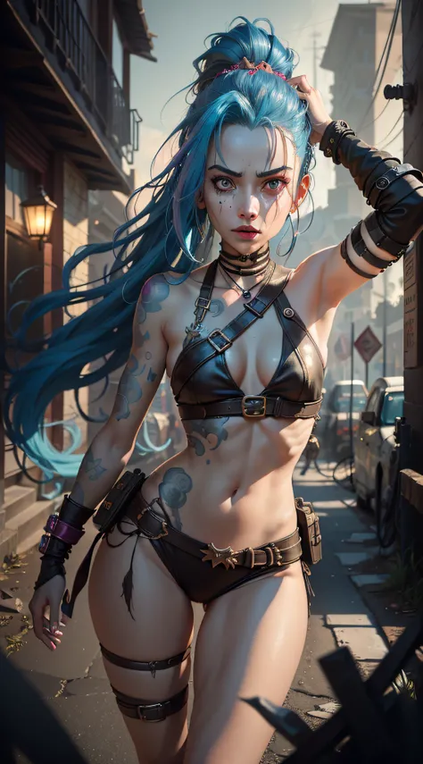 ((Best quality)), ((masterpiece)), (highly detailed:1.3), 3D, arcane style,In the dark and gritty dystopian city Piltover, plagued by violence and divided into two opposing factions, a young prodigy named Jinx emerges. Having endured unimaginable loss and ...