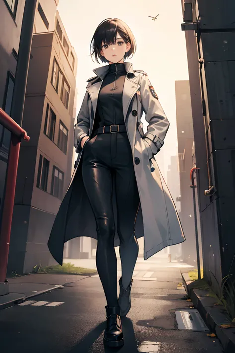 Girl on closed  oversized trenchcoat, walking, hands in pockets, whole body, bodysuit under trenchcoat, slender