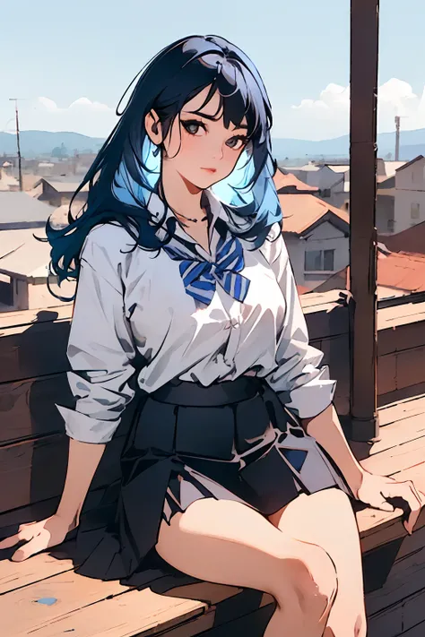 absurderes, hight resolution, ultra-detailliert, (1 young Beautiful girl, Solo:PC screen size）,Collared shirt, Portrait,High school student in mini skirt uniform sitting on rooftop with light blue hair