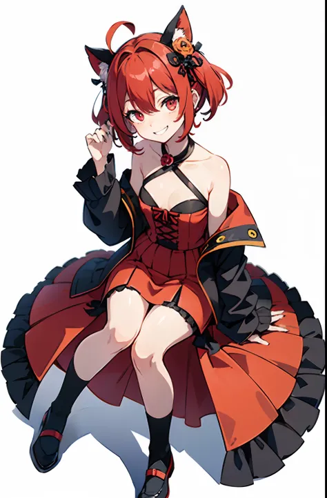 超A high resolution, nffsw, Best aesthetic, red hairs、A smile、Best Quality, masutepiece, Flat Avatar, Perfect litthing、(colourfull、vivd colour: 1.4)、Ahoge、full body Esbian, Peony hair ornament,　Shorthair、　is shy, A smile, 、Ahoge, Chibi, simple background, 耳...