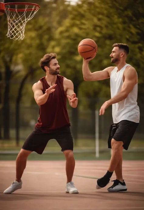 Full body shot, sport photo, Dynamic, 30 years old european man, medium height , brown short hair, no beard, plying basketball with friend, 2person, 8k, afternoon lighting, uhd