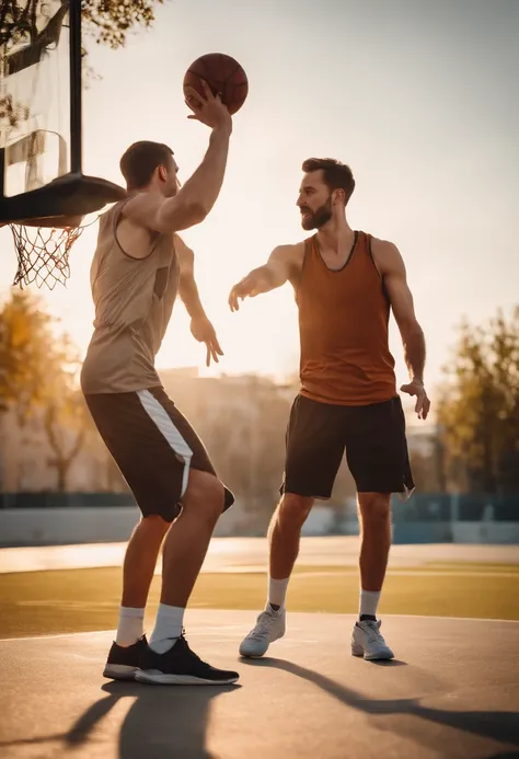 Full body shot, sport photo, Dynamic, 30 years old european man, medium height , brown short hair, no beard, plying basketball with friend, 2person, 8k, afternoon lighting, uhd