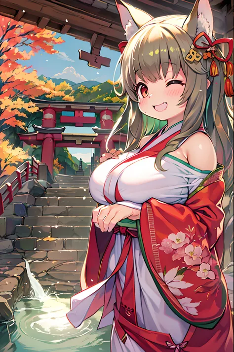 Fox Woman、body covered with fur、huge-breasted、kawaii、shrine maiden、Japan white clothes,Red Hakama、torii gate,((Oblique angle))、{{close up to face}}、one eye closed、winking、A big smile、bbw、thick thight、big butts、Ultramammy,Chibi,Nanachi, autumn day,kaede、 Pi...