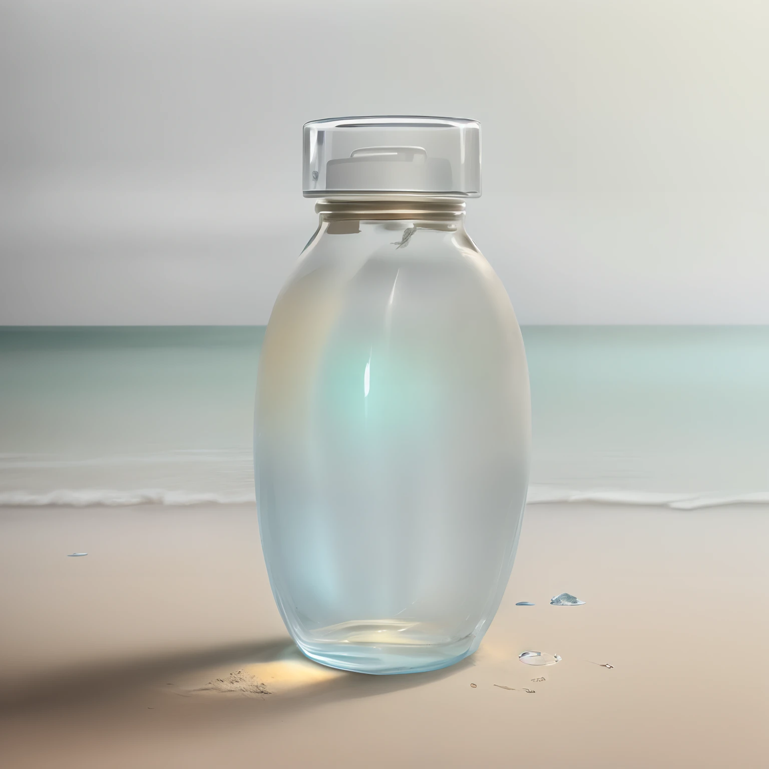 White lid，lisses，transparent pubic hair，Empty bottle，Placed on the beach by the sea