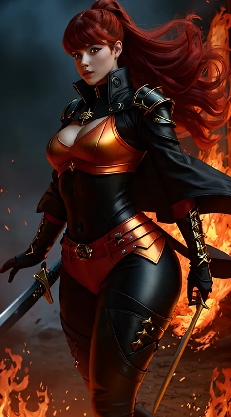 wearing black and red leggins, big ass, big legs, thick thighs, small waist, big hips, female, red hair, long hair, loose hair, glowing yellow eyes, wearing black coat, use a katana, magical warrior, confident, (masterpiece:1.2, best quality), beautiful, a...