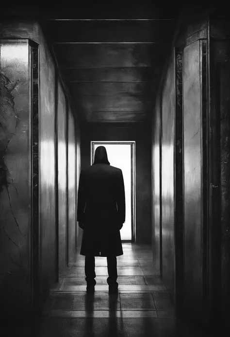 A lone figure emerged from the shadows, his hunched silhouette moving slowly towards the dimly lit elevator. His twisted limbs and tattered clothes added to the ominous aura surrounding him. Create a dark and sinister photograph capturing the haunting esse...