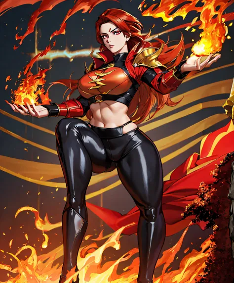 (masterpiece:1.2, best quality), beautiful, a 23yo woman, fiery hair, fire goddess, (glowing red eyes), extremely detailed face,...