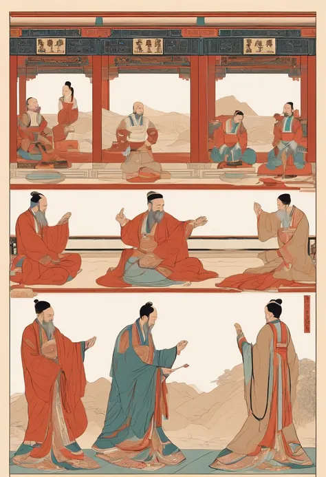 Ultra-clear detailed，Ancient Chinese scholars bowed their whole bodies，Salute，Kowtow，Hands-on ceremony，Four ceremonial postures and expressions，white backgrounid，illustratio，Flat color，Simple line 2D painting，Pop Art Station，number art，pixel style cartoons...