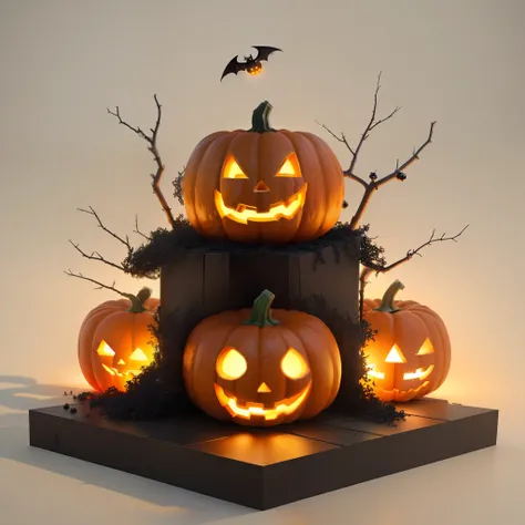 three-dimensional image of halloween pumpkins, spider webs and bats, Tim Burton style