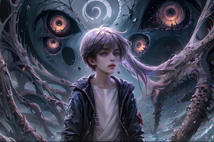 (absurdres, highres, ultra detailed, HDR), masterpiece, best quality, 1 boy, handsome boy, cool hero, big anime eyes, young boy, detailed scenery, detailed character, nightmare before Christmas theme, art kenouji