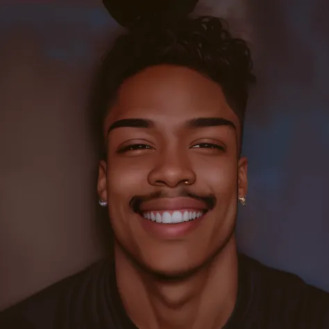 There is a man with a mustache and mustache on his head, Unibrow, sorriso insano, hes smiling, sorrindo timidamente, Grande sorriso preto, sorriso largo, Foto em estilo de Tyler Mitchell, sorriso detalhado, sorriso pateta, smug smirk, sorriso vertiginoso, ...