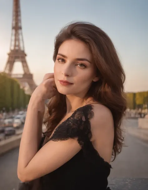 femme (femelle) Attractive near the Eiffel Tower, cheveux noir, pose attrayante, Sun behind, Vue attrayante,Prise de vue bien