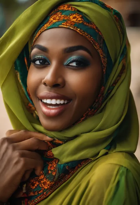 African woman with hijab opens mouth and receives cum in mouth and smiles