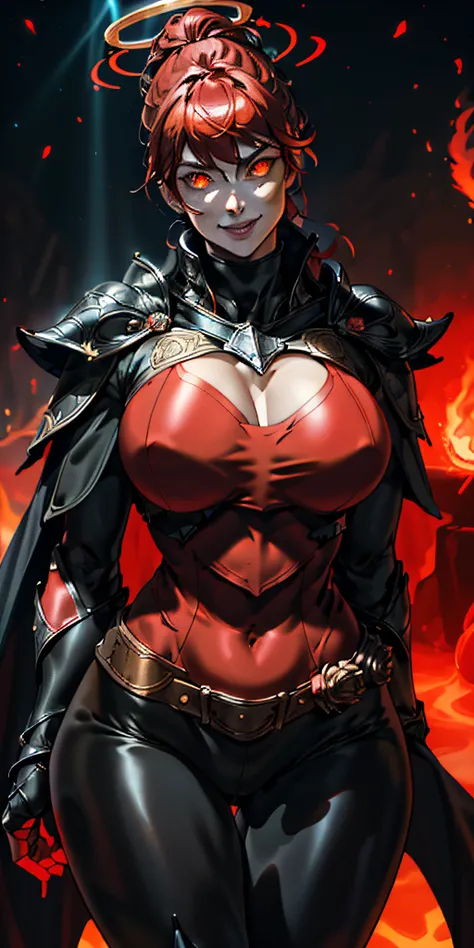 upper body of paladin lady in ornate black and red armor, pauldrons, breastplate, glowing fire halo, loose hair, yellow glowing eyes, bright pupils, eye focus, red cape, night, moonlight, particles, light beam, red hair, defined lips, which most of the tim...