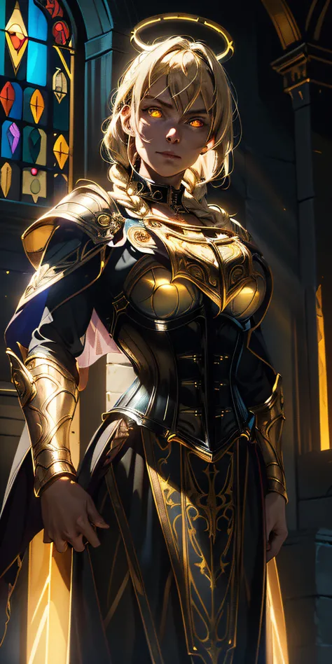 upper body of paladin lady in ornate golden armor, black collar, pauldrons, breastplate, corset, glowing halo, single braid, blonde, yellow glowing eyes, bright pupils, eye focus, red cape, temple indoors, stained glass windows, night, moonlight, particles...