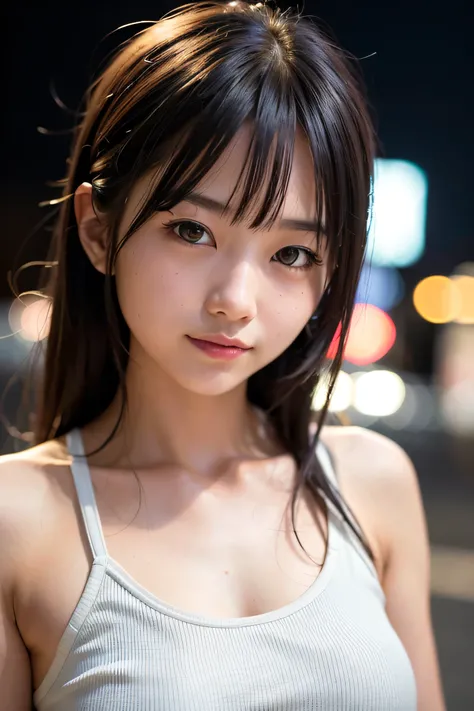 1girl, Tokyo street,night, cityscape,city lights,upper body,close-up,smile,, (8k, RAW photo, best quality, masterpiece:1.2),(realistic, photo-realistic:1.37),