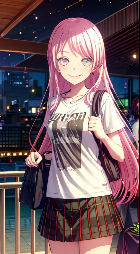 anon_chihaya, bang_dream, solo, long_hair, pink_hair, grey_eyes, happy, winking_eye, t-shirt, city, midnight, masterpiece, cute.