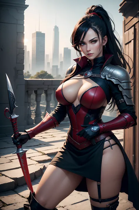 1 Mature Assassin Woman, Body, Red and black assassin costume, Holding a dagger, (masutepiece: 1.4), (8K, Realistic, Raw photo, Best Quality: 1.4), Big dagger, Japan mature woman, large full breasts, Beautiful beautiful face, (Real Face: 1.4), Perfect , Be...