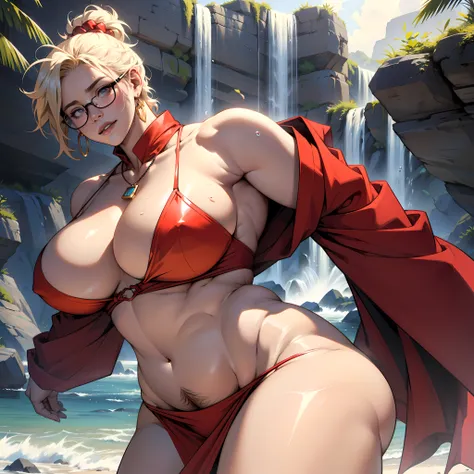 独奏，（：1.3），thick thight，upper legs，Wide buttock，dent in the skin，short detailed hair，Blonde curly hair，erected ，beachside，ssmile，Love glasses ，Leaning in ，Vaginal exposure ，omao，pubes，cheerfulness，（Red latex dress：1.2），cparted lips，plumw，exposed midriff，pro...