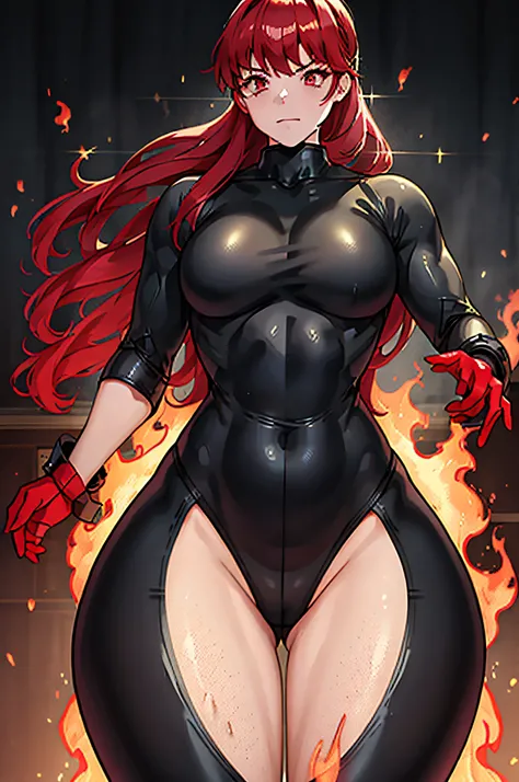 1 girl, solo, dark red hair, badass girl, seductive, black outfit, modern city night background, big legs, big hips, small waist, growing red eyes, fire sorcerer, fire magic, lots of details, fire queen, beautiful face, wearing black leggins, wearing black...