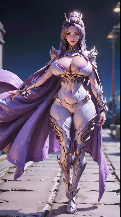 (1GIRL, SOLO:1.7), (DRAGON QUEEN HELM), (HUGE FAKE BOOBS:1.2), (WHITE, GOLD, PURPLE), (EMPTY CITY BACKGROUND), (FUTURISTIC PHOENIX MECHA BODYSUIT, CLEAVAGE, ROYAL CAPE:1.3), (SKINTIGHT YOGA PANTS, HIGH HEELS:1.2), (BUSTY BODY, MUSCLE ABS, FULL BODY VIEW:1....