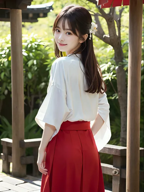 (White kimono and red long skirt、slender small breasts and long hair,,、Close up of girl with dull bangs:1.5)、(In the precincts of a Japan shrine wearing a white kimono and a long red skirt、Girl with small smile and arms behind her back:1.5)、(Beautiful blue...