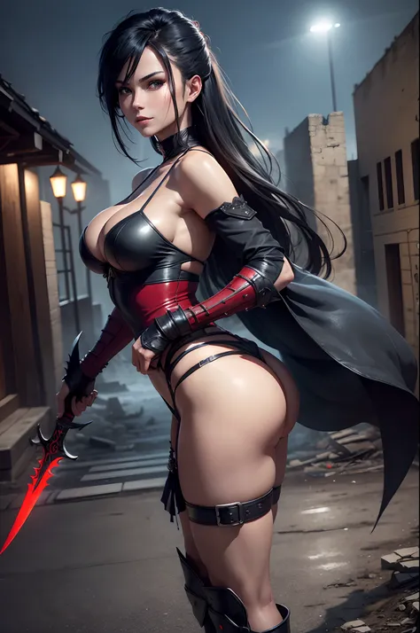 Killer Woman, Body, Red and black assassin costume, Holding a big dagger, (masutepiece: 1.4), (8K, Realistic, Raw photo, Best Quality: 1.4), Big dagger, Japan mature woman, large full breasts, Beautiful beautiful face, (Real Face: 1.4), Perfect , Beautiful...