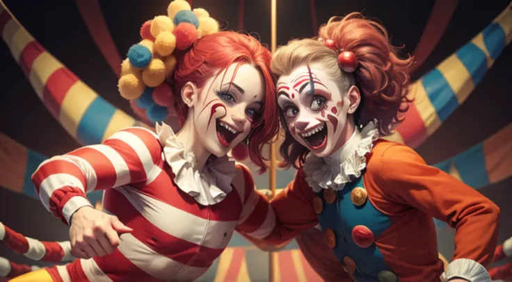 “A chaotic picture of a circus with clowns joking with each other.”