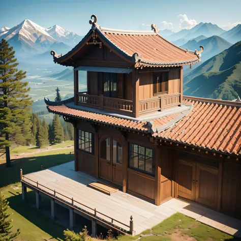 casas simples em um mosteiro da china vista de longe nas montanhas em um dia ensolarado