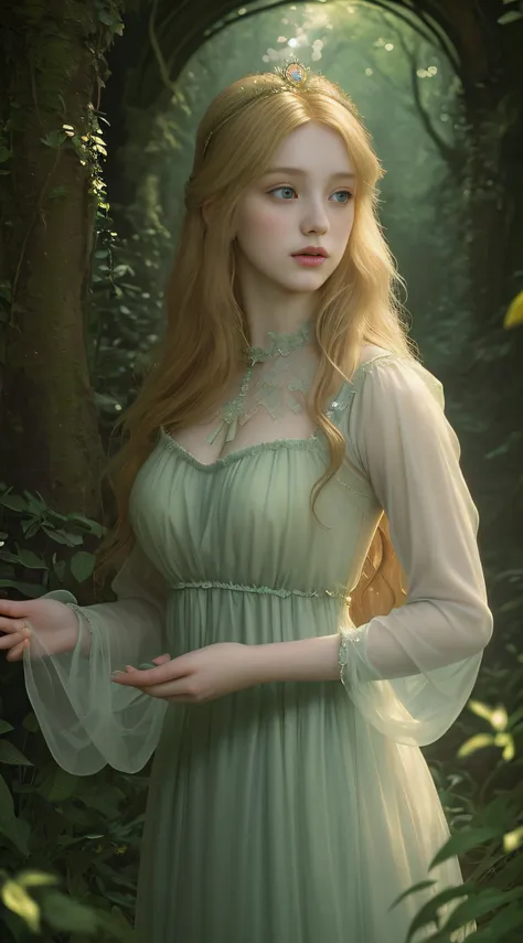 pre-raphaelite masterpiece, extremely beautiful young fantasy princess in a aesthetic forest, glow, arches, blonde hair, backlit...