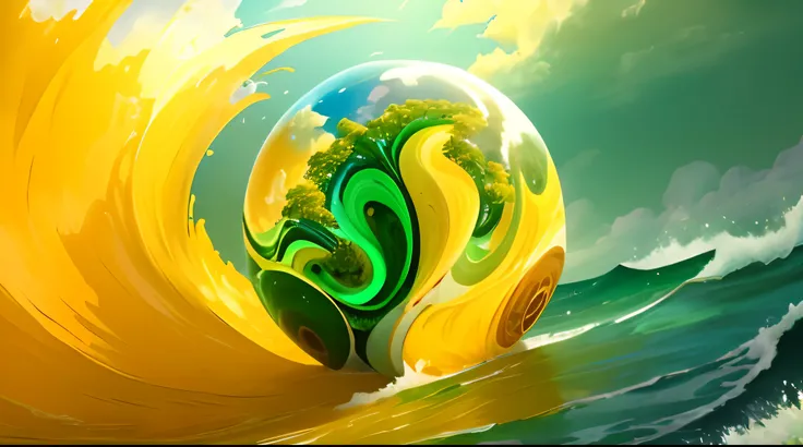 Masterpiece, best quality, very detailed shiny sphere filled with green and yellow colored waves, plants are inside, it’s located in the middle between yellow and blue sea waves, sun and light blue sky are above it