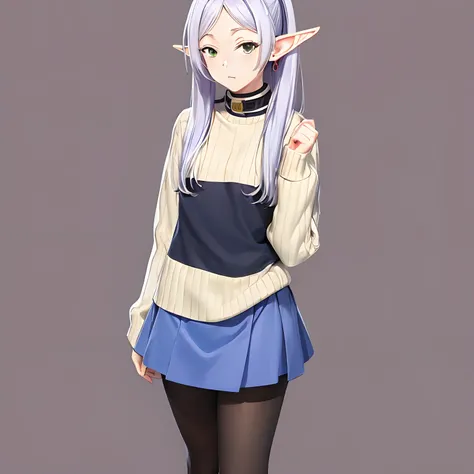 ((masutepiece)), (Best Quality), hight resolution, Ultra-detailed,
1girl in, earrings, elf, Long hair, Long sleeves, pointy ear, Solo, Twin-tailed, Green eyes, earrings, White hair, Looking at Viewer,
White knitted tops, Sleeveless、long boots, Denim minisk...