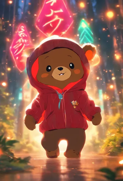 A cute little bear，Wear a stylish sweatshirt，With a hat on，ssmile，Cute action，foreshortening,  Depth of field, Masterpiece, Best quality,ln the forest，Illuminated by soft, Dreamy volumetric lighting. hyper realisitc. perfectquality, Clear focus