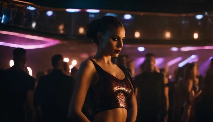 woman dressed in latex leotard standing (upper body) in a club at night, people dancing in the club as background, ultra detailed, cinematic cyberpunk, cyberpunk aesthetic.