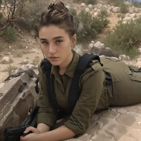 raw photo, fadeev , full bodyesbian, natural skin, 8k  uhd, high quality, filmgrain, hair in a bun, israeli uniform, battlefiled...