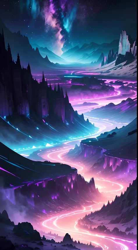 cosmic landscape, glowing river, magical glow, fantasy, crazy, surreal, spectral, radioactive, night, starry sky, milkway, purple, ciano glow, epic, breath taking, mountain, crystals, cool, 4k, traced lights, magical atmosphere, liquid, vivid colors, contr...